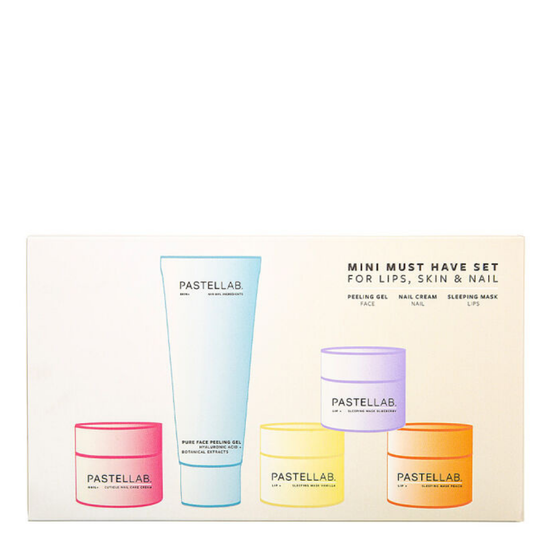 PASTELLAB. MINI ( PEELING GEL+ NAIL CREAM+LIP+LIP SLEEPING MASK PEACH - VANILLA - BLUEBERRY )"